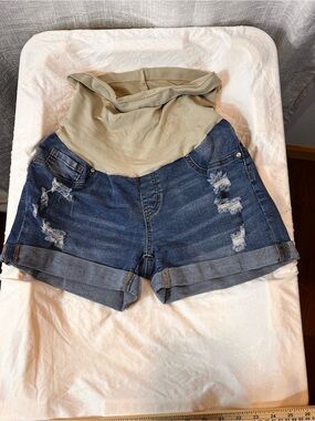 Maternity Distressed Roll-Cuff Denim Shorts with Beige Support Waistband - Blue
